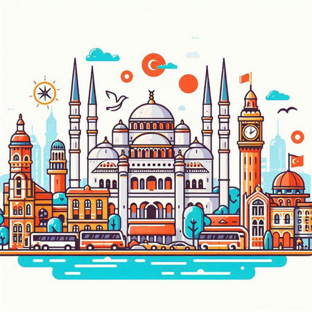Vector illustration of Istanbul, Turkey. Colorful background with famous landmarks.のイラスト素材
