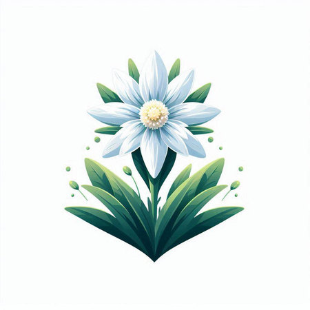 Illustration of a beautiful blue flower with green leaves on a white backgroundのイラスト素材