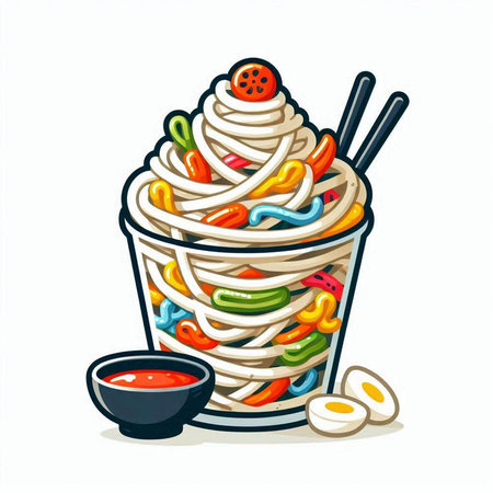 Noodles in a paper cup with chopsticks. Vector illustrationのイラスト素材