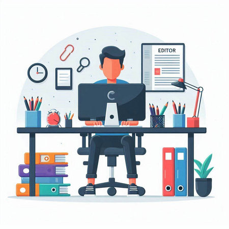 Office worker sitting at desk with computer. Vector illustration in flat styleのイラスト素材