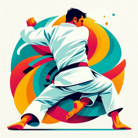 Karate fighter in white kimono on colorful background. Vector illustration.のイラスト素材