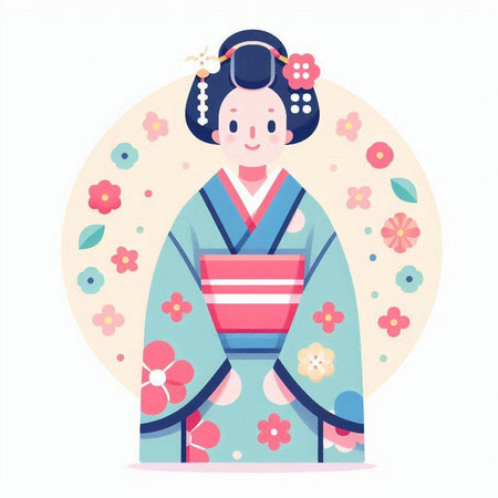 Japanese geisha in traditional clothes. Vector illustration in cartoon style.のイラスト素材
