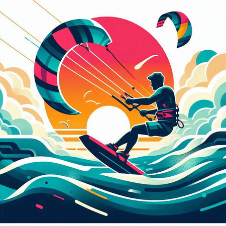 Kitesurfing on the waves of the sea, vector illustration