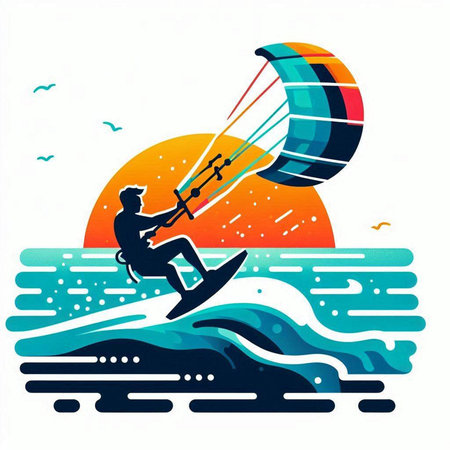 Kitesurfer in the waves of the sea. Vector illustrationのイラスト素材