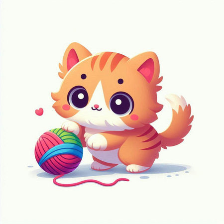 Illustration of a cute kitten playing with a ball of yarn.のイラスト素材