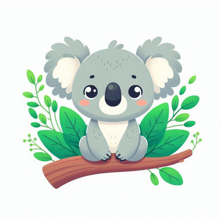 Cute koala on a branch with green leaves. Vector illustration.のイラスト素材
