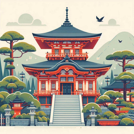 Japanese temple in the forest. Vector illustration in the style of a flat design.