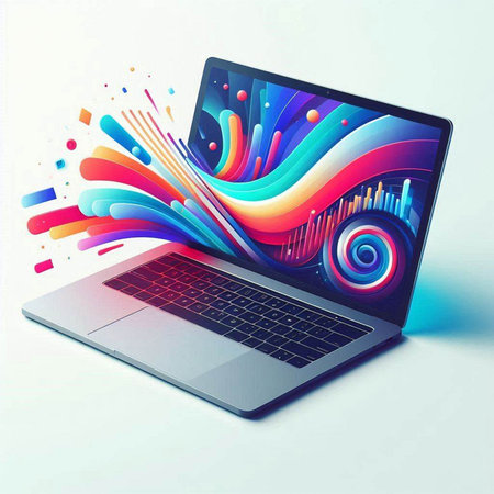 Laptop with colorful abstract design on white background. 3d illustration