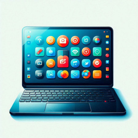 Illustration of a laptop with colorful application icons on the screen.のイラスト素材