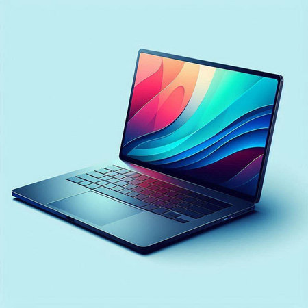 Laptop with colorful screen on blue background. 3D illustration.