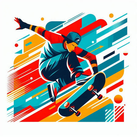 Vector illustration of a skateboarder jumping on a colorful background.のイラスト素材