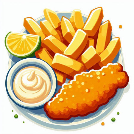 Fried fish and chips with mayonnaise. Vector illustration.のイラスト素材