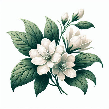 Bouquet of white flowers with green leaves. Vector illustration.のイラスト素材