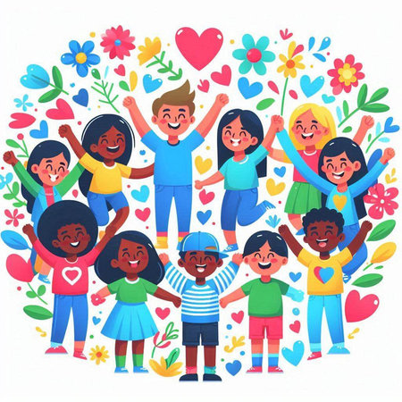 Happy diverse group of children, boys and girls with flowers and hearts around their headsのイラスト素材