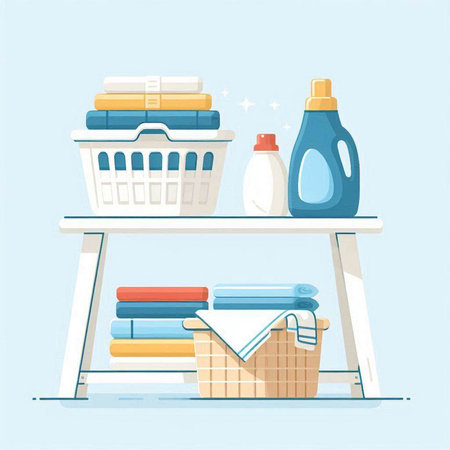 Laundry basket with towels and detergent. Vector illustration.のイラスト素材