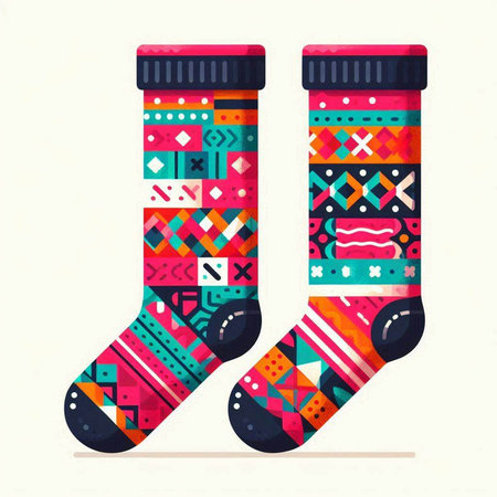 Colorful christmas sock with geometric ornaments. Vector illustration.のイラスト素材