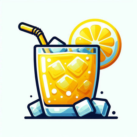 Cocktail with ice and lemon. Vector illustration in cartoon style.のイラスト素材