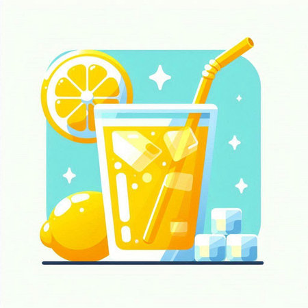 Vector illustration of a glass of lemonade with a straw and a slice of lemon.のイラスト素材