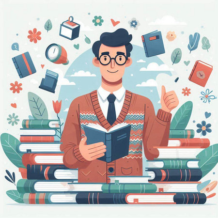 Vector illustration of a man with a book on the background of booksのイラスト素材