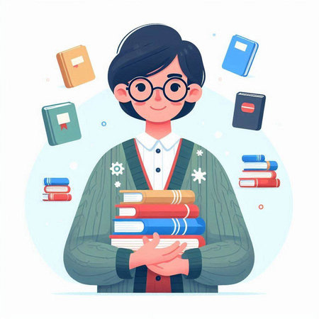 Vector illustration of a boy in glasses with a pile of books.のイラスト素材