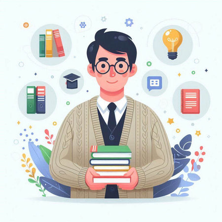 Man with books and education icons. Vector illustration in cartoon style.のイラスト素材