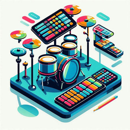 Drum kit isometric composition with music instruments and smartphone vector illustrationのイラスト素材