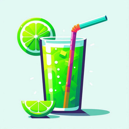 Cocktail with lime and straw. Vector illustration in flat styleのイラスト素材