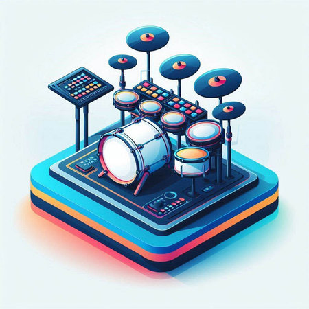 Drum kit isometric composition with musical instruments on blue background vector illustrationのイラスト素材