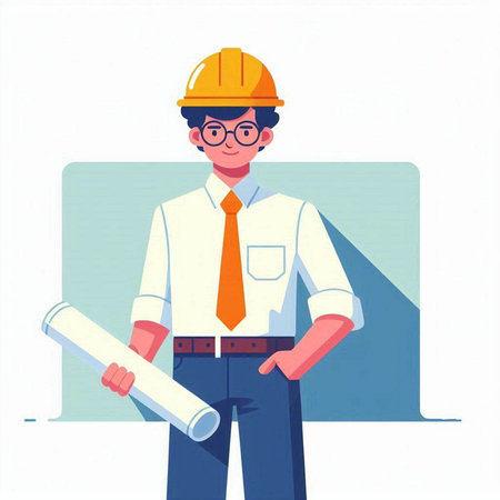 Architect in hardhat holding blueprints. Vector illustration in flat styleのイラスト素材