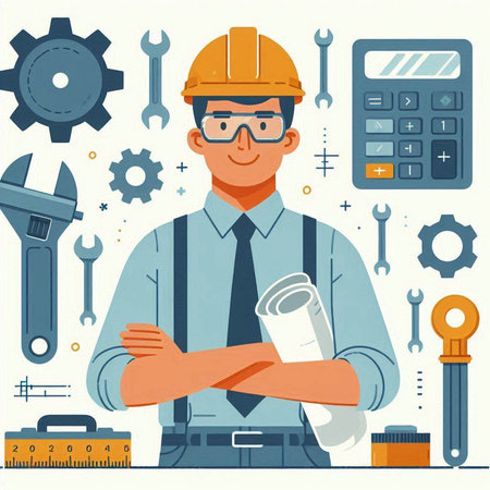 Engineer with tools. Vector illustration in flat design style. Isolated on white background.