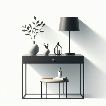 Interior of a modern living room with a wooden table, a lamp and a vase. 3d rendering