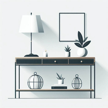 Interior of modern living room with wooden shelf, lamp and plants. 3d renderのイラスト素材
