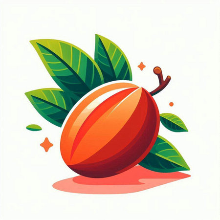 Peach fruit with green leaves isolated on white background. Vector illustration.のイラスト素材