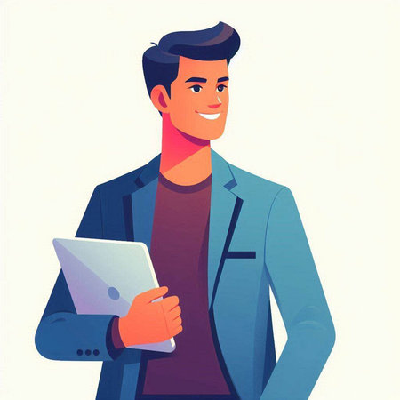 Handsome young man holding tablet computer. Vector illustration in cartoon style