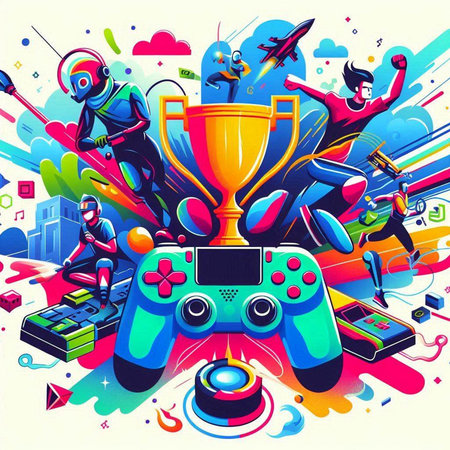 Vector illustration of a group of people playing video games on colorful background