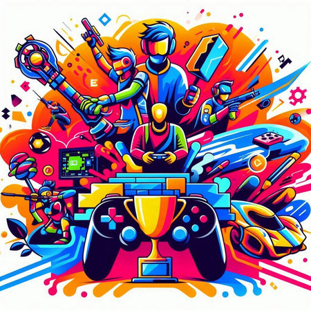 Vector illustration of a cartoon man playing video games. Colorful background.のイラスト素材