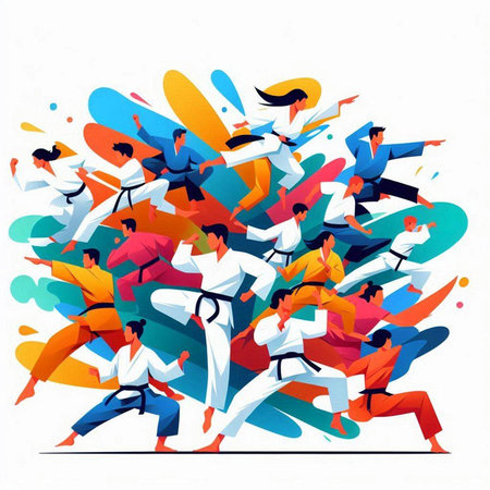 Taekwondo concept. Vector illustration of a group of people practicing karateのイラスト素材