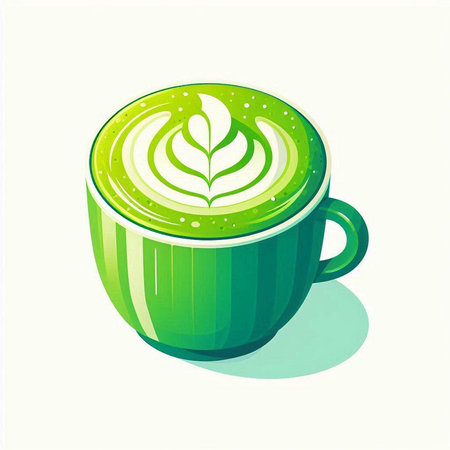 Green tea cup with latte art on white background. Vector illustration.のイラスト素材