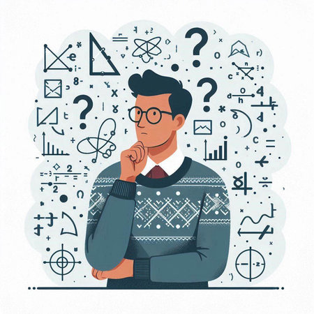 Vector illustration of a man in a sweater and glasses thinking about the problem.のイラスト素材