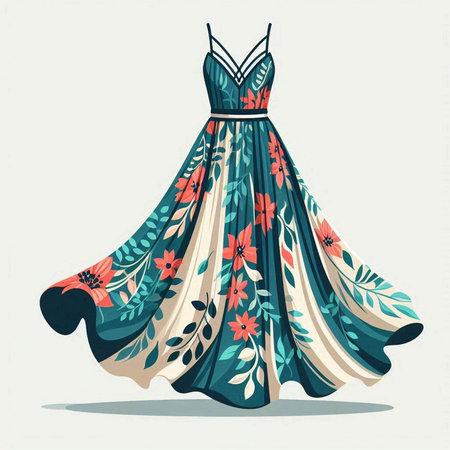 wedding dress with floral pattern, vector illustration in retro styleのイラスト素材