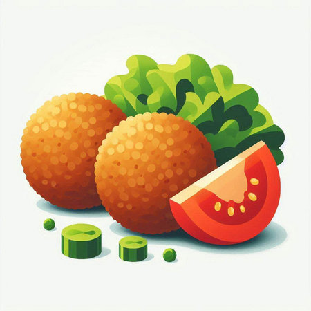 Illustration of fresh lychees with green lettuce and tomato on white background