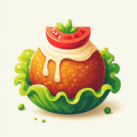 Illustration of a slice of tomato with sour cream and green saladのイラスト素材