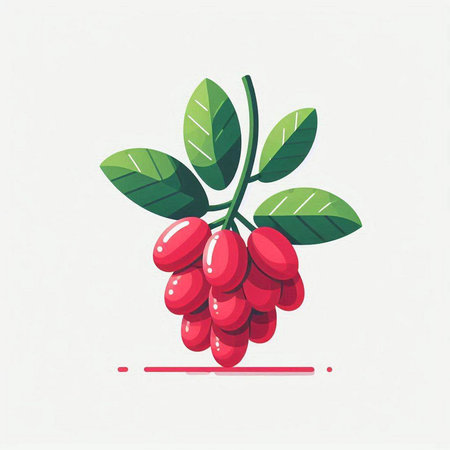 Ripe red berries with green leaves. Vector illustration on white background.のイラスト素材