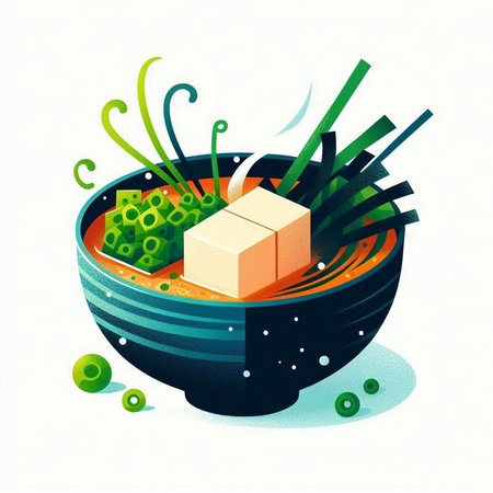 Illustration of a bowl of miso soup with tofu and vegetablesのイラスト素材