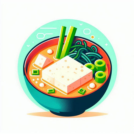 Illustration of japanese noodle soup with tofu in bowlのイラスト素材