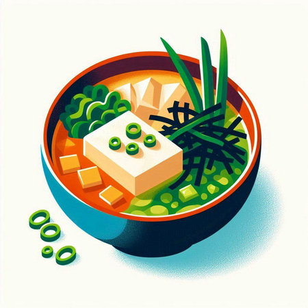 japanese miso soup with tofu in a bowl, vector illustrationのイラスト素材