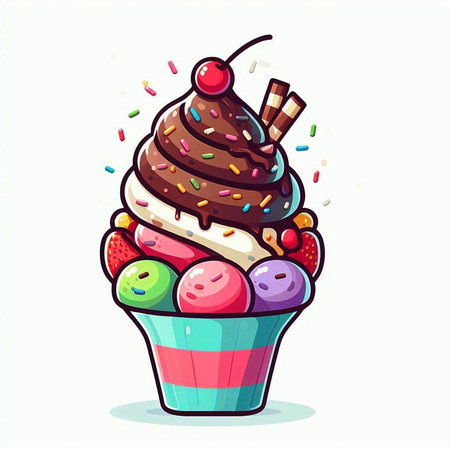 Cupcake with chocolate and ice cream. Vector illustration in cartoon style.のイラスト素材