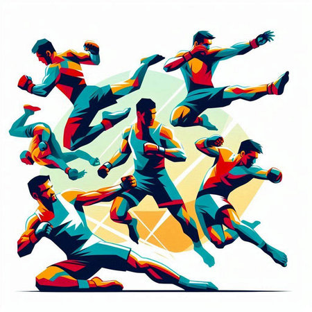 Vector illustration of a group of professional sportsmen in dynamic action.のイラスト素材