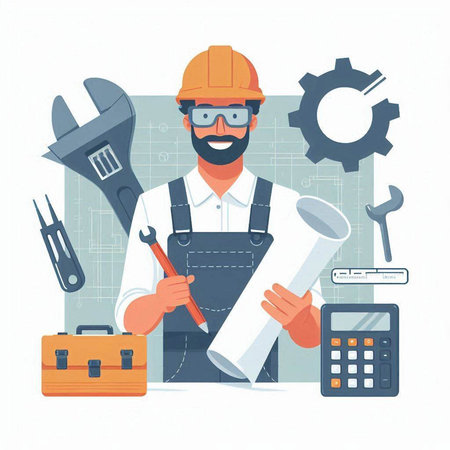 Engineer with tools. Vector illustration in flat cartoon style on white background.