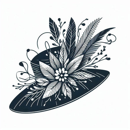 Vector illustration of a hat with feathers and flowers on a white background.のイラスト素材